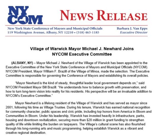 Village of Warwick Mayor Michael J. Newhard Appointed to NYCOM Executive Committee